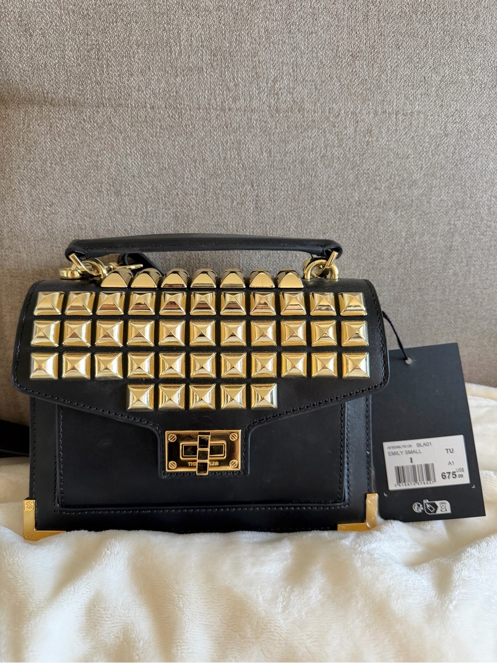The Kooples Black Leather Crossbody with Gold Pyramid Studs